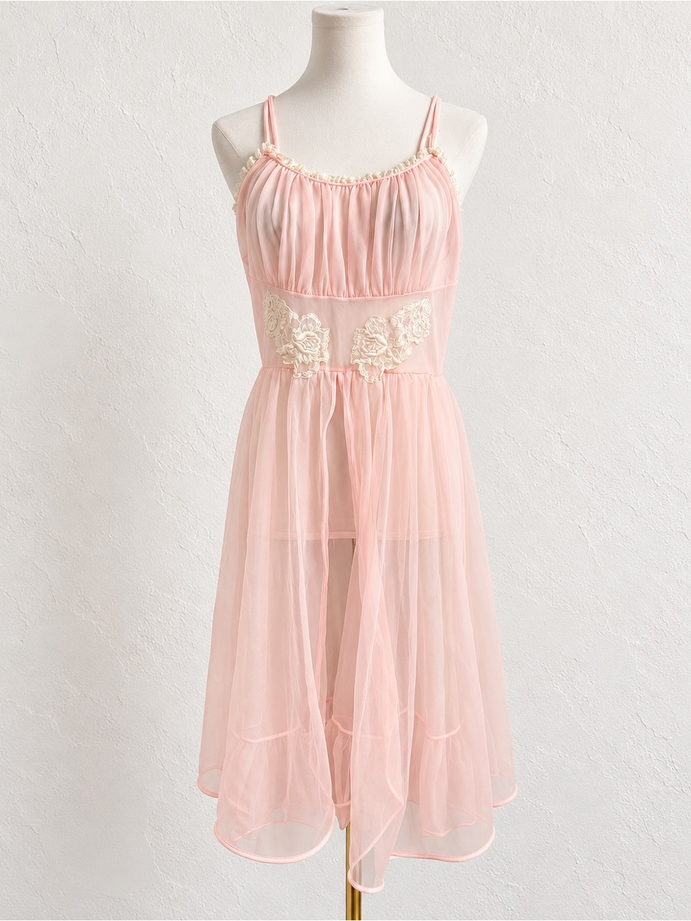 Vintage Pink Sheer Chiffon Lace Babydoll Lingerie Dress Fairy Coquette Nightgown